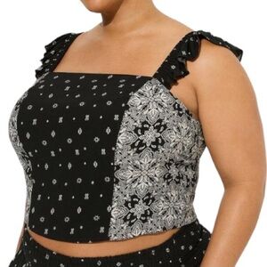 Torrid Challis Smocked Ruffle Trim Crop Top Geo Black — Size 2/2XL
